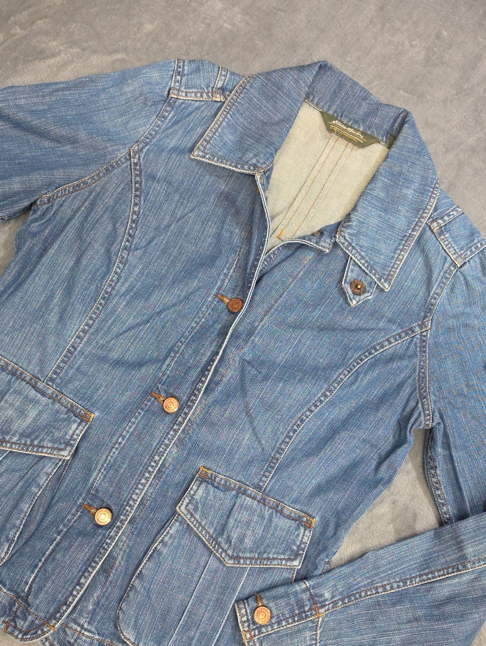 Eddie Bauer Faded Blue Denim Jacket with Copper Buttons